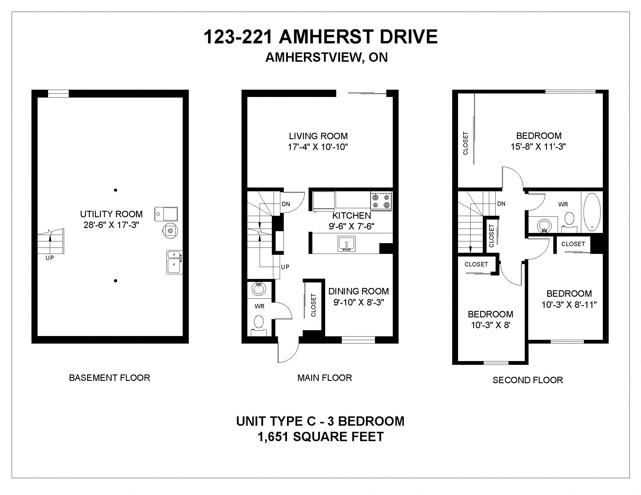Floor plan for 3 beds, 1.5 baths, 1651 sqft